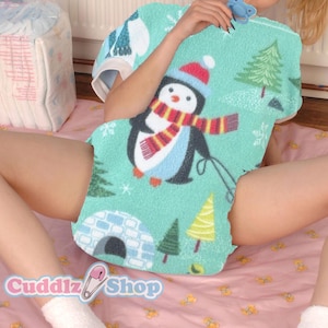 Cuddlz Festive Mint Green Penguin Pattern Adult Padded Waddle Romper With Standard or Locking Lockable Zip -  Body Suit