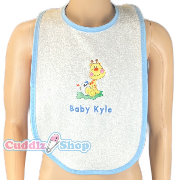 Cuddlz Baby Giraffe Adult Sized Personalised White Towelling Bib ABDL Extra Large - With choice of white, blue, pink or black edging