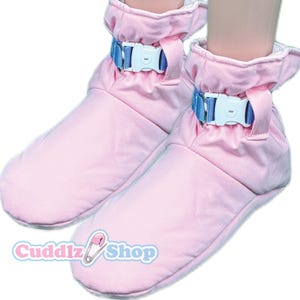 Cuddlz Pair of Baby Pink Stretch Fabric Adult Sized Locking Padded Booties For Men Women Unisex With Colour Choice of Lockable Ankle Strap