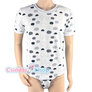 May include: White short-sleeved bodysuit with a cloud and rain pattern. The design features white clouds, dark grey clouds, and raindrops. The bodysuit has a white crew neck and the text "Cuddlz Shop" in a light blue font.