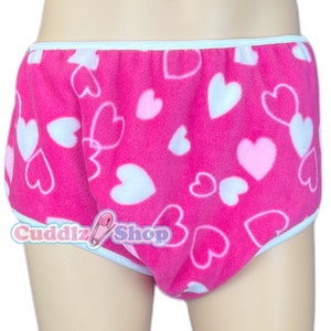 Cuddlz Pink Hearts Pattern Fleece and White Adult Terry Towelling Incontinence Pull Up Pants / Briefs For Men Or Women Washable Nappy Diaper