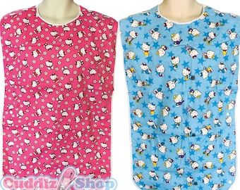Cuddlz Pink or Blue Kitty Cat Pattern Reversible Adult Baby Bib Extra Large Size for Men or Women Unisex