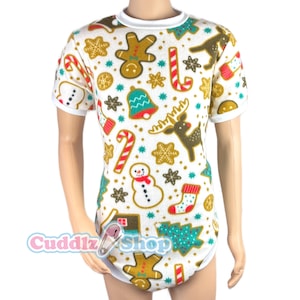 Cuddlz Short Festive Christmas Gingerbread Pattern Adult Onesie With Standard or Locking Lockable Zip -  Body Suit Romper For Men or Women