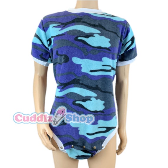 CUDDLZ Short Green Camouflage Pattern Fleece Adult Onesie Baby Grow Romper ABDL Body Suit Unisex Ladies or Mens