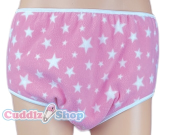 Cuddlz Pink Star Fleece and White Adult Terry Towelling Incontinence Pull Up Pants / Briefs For Men Or Women Washable Nappy Diaper