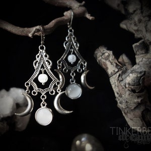 triple moon earrings pagan wicca wiccan celtic vintage medieval silver white renaissance victorian  goddess crescent