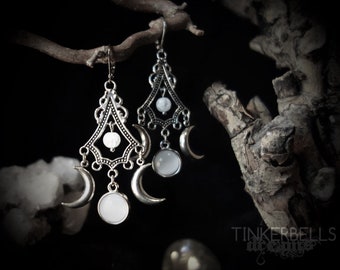 Triple Moon Ohrringe pagan wicca wiccan Antik-Silber weiß Geschenk keltisch Renaissance Dreifachmond Halbmond Luna Göttin Bergkristall