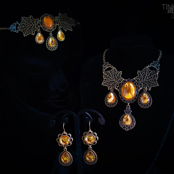 Herbst Elfenhochzeit Schmuckset Kopfschmuck Halskette Ohrringe Mittelalter bronze orange Shooting Festival Renaisscance pagan keltisch Elfe