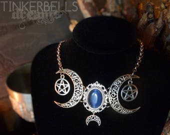 Necklace Pagan Wicca Medieval Gothic Antique Silver Blue Midnight Blue Gift Set Triple Moon Crescent Luna Moon Pentagram