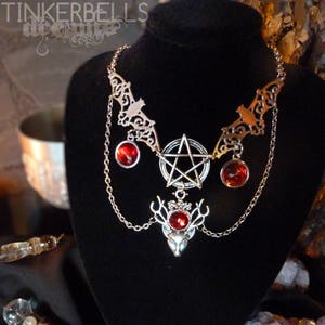 Necklace Pagan Wicca Medieval Gothic Antique Silver Red Gift Set Deer Head Cernunnos Horned God Pentagram Bat Vintage