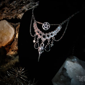 necklace pagan wicca wiccan gothic medieval silver bronze black festival witchy pentagram skull birdskull