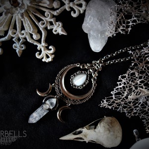 triple moon necklace wiccy witchy wiccan crescent shooting festival renaissance clear quartz pendulum