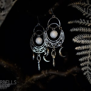 cyberpunk earrings space goth triple moon white jade silver goddess bird skull witchy wicca wiccan pagan celtic crescent