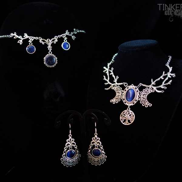 Mitternachtsblau Elfenhochzeit Schmuckset Kopfschmuck Halskette Ohrringe Shooting Festival Renaissance pagan keltisch Antik-Silber Geschenk