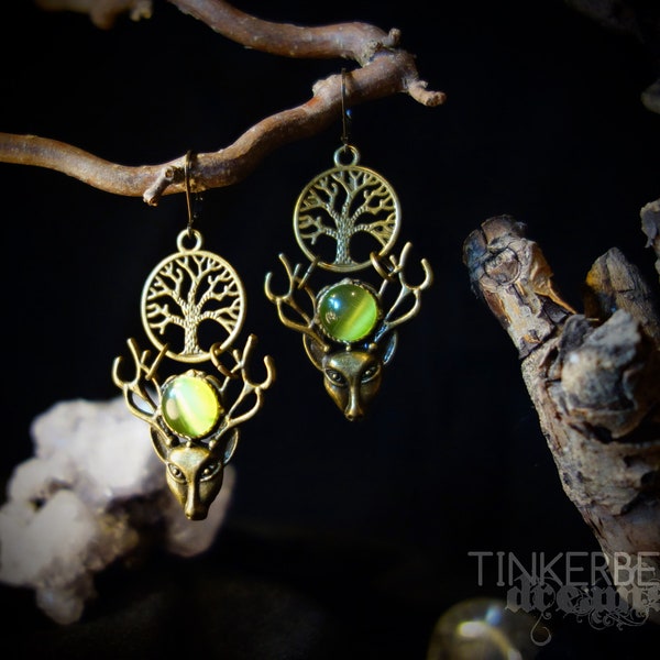 earrings pagan wicca wiccan celtic medieval bronze green Cernunnos horned god tree of life Yggdrasil