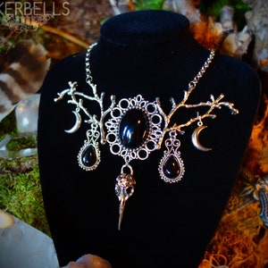 necklace pagan wicca wiccan gothic silver black branches birdskull skull crescent moon luna