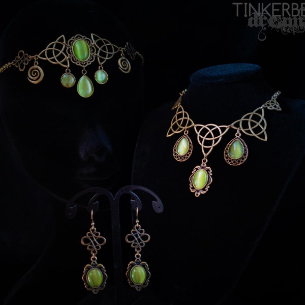 medieval wedding jewelry set headpiece forhead jewelry necklace earrings bronze renaissance pagen celtic tiara green fairy celtic knot