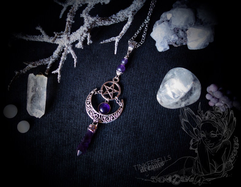 necklace wicca pagan medieval gothic wiccan victorian celtic antique silver Amethyst purple pentagram pendulum crescent luna moon