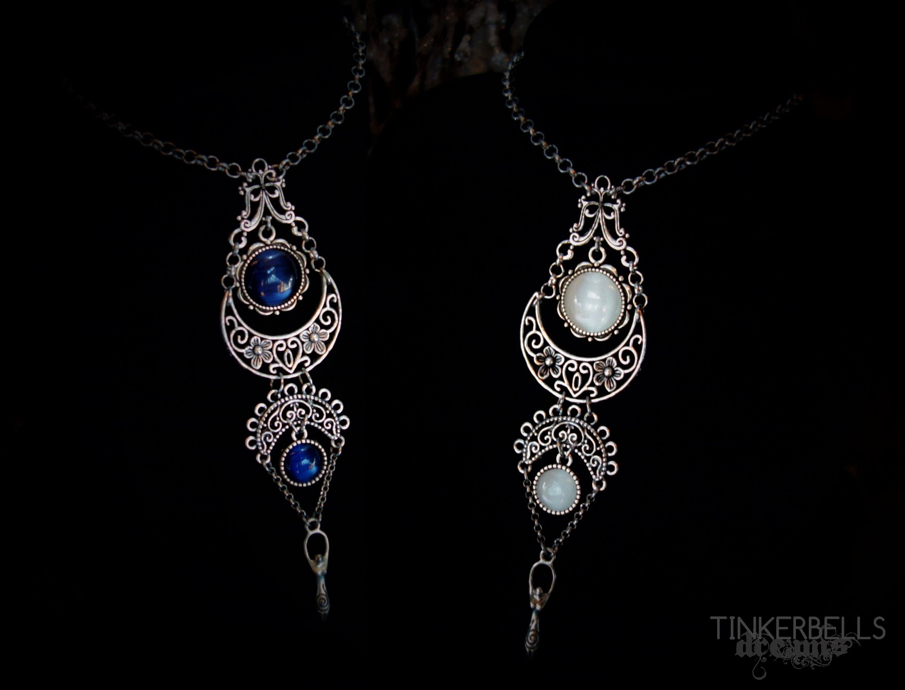 necklace wicca wiccan pagan gothic wiccan antique silver white midnight blue black triple moon crescent goddess