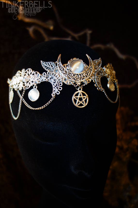 pagan Tiara Dreifachmond Mittelalter Luna Hochzeit wicca Krone Pentagramm Antik-Silber Diadem Halbmond weiß