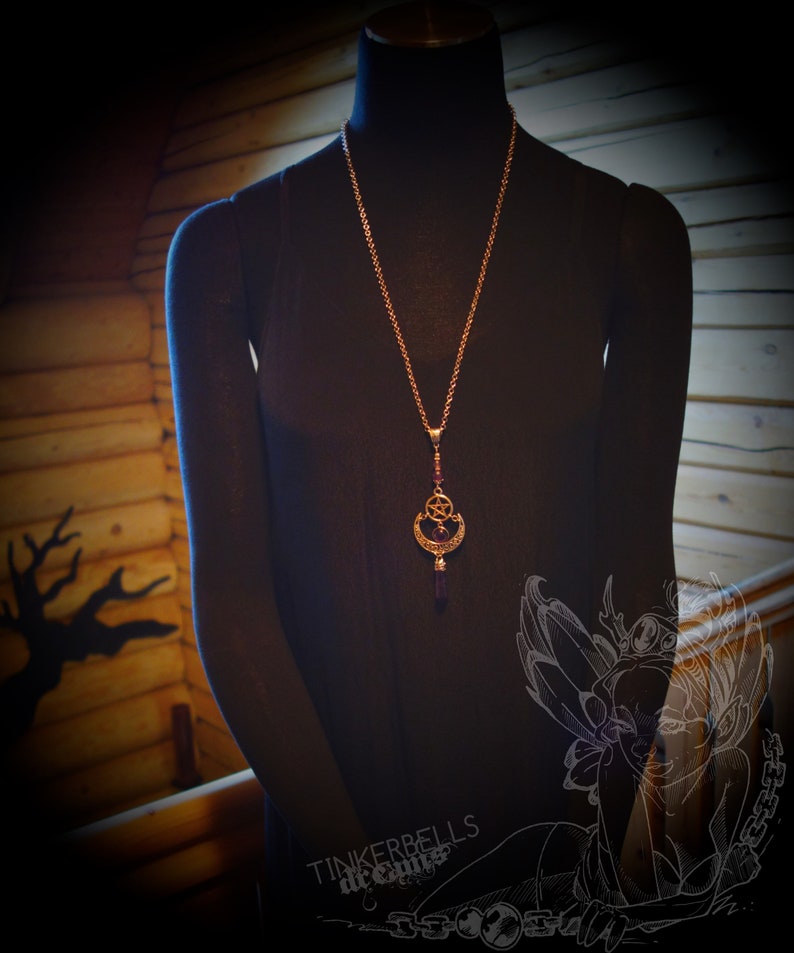 necklace wicca pagan medieval gothic wiccan victorian celtic antique silver Amethyst purple pentagram pendulum crescent luna moon