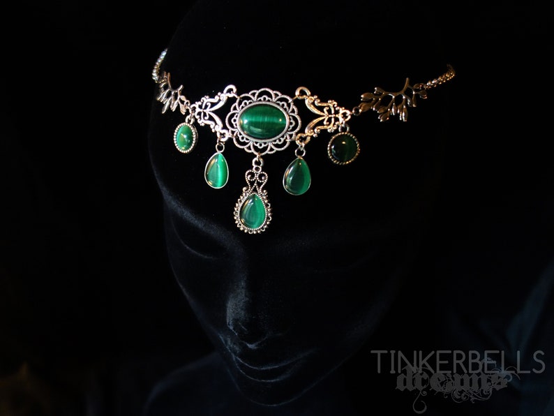 fairy wedding headpiece forhead jewelry tiara shooting festival renaissance silver celtic pagan wicca medieval dark green