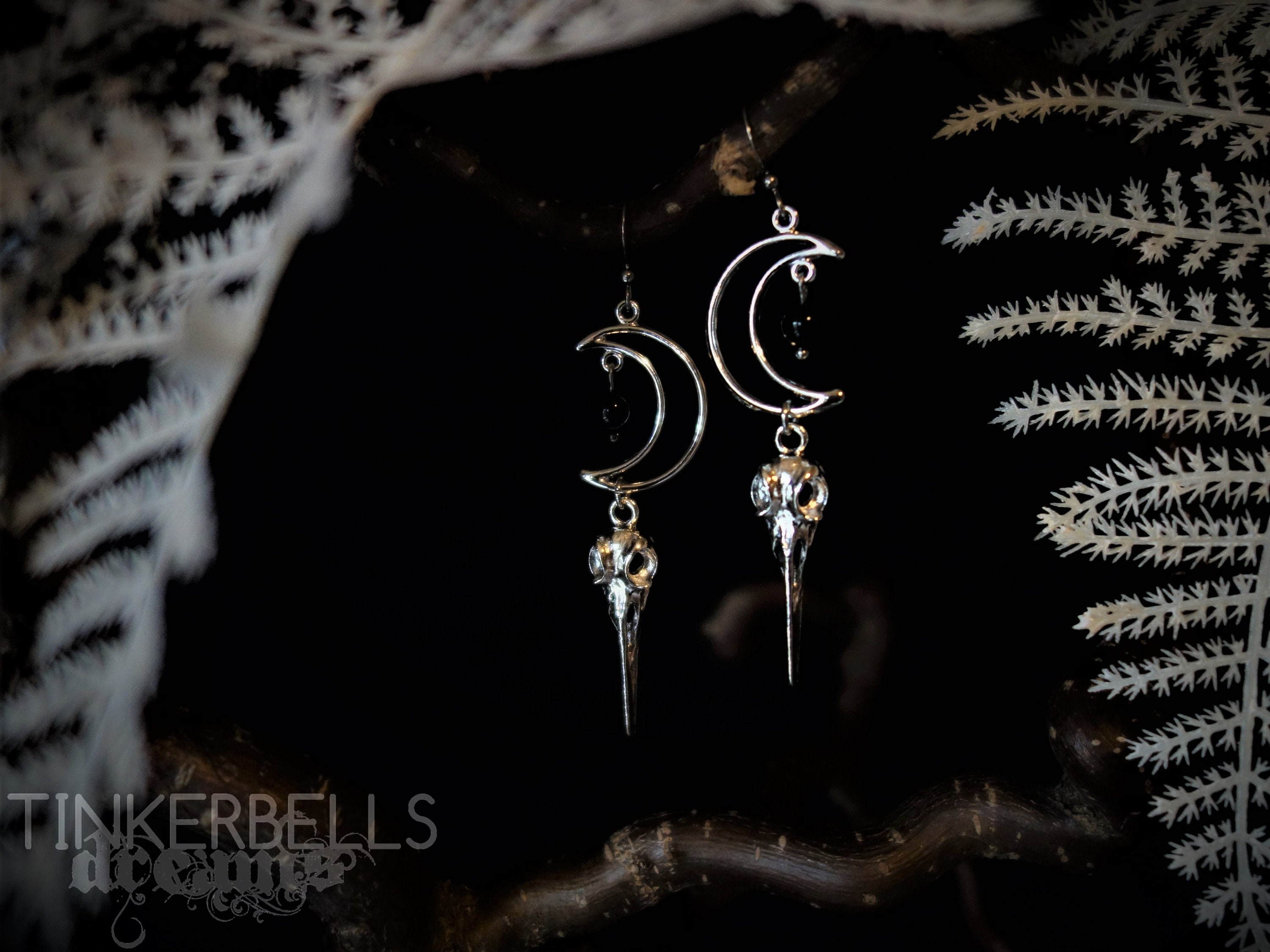 agate earrings pagan wicca wiccan celtic vintage medieval witchy crescent moon silver black bird skull