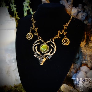 Halskette Pagan Wicca Mittelalter Antik-Bronze grün Hirschkopf Geschenk Box keltisch vintage Cernunnos gehörnter Gott Natur Zweige