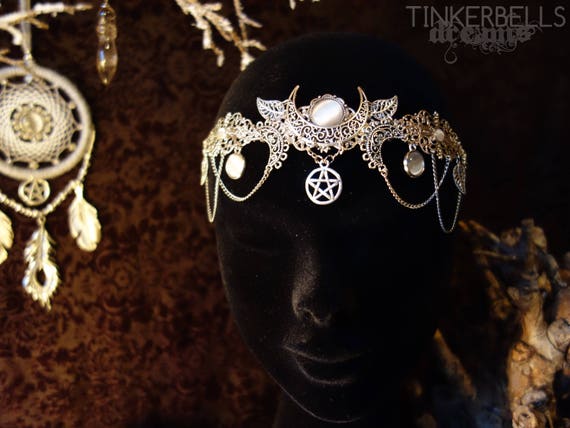 Tiara Diadem Krone Antik-Silber weiß Dreifachmond Halbmond Luna Pentagramm  wicca pagan Hochzeit Mittelalter | Haarschmuck