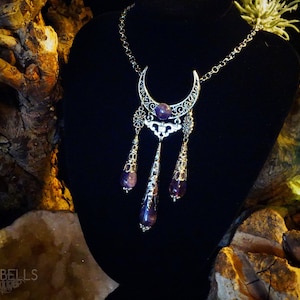 necklace wicca wiccan pagan gothic witchy long necklace antique silver amethyst crescent moon