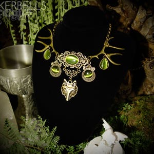 Halskette pagan wicca wiccan Mittelalter vintage keltisch Antik-Bronze Geweih Cernunnos Fuchs Wolf grün