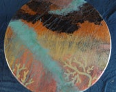 coral, patina, epoxy table, beach and sea themed table, gold, teal, black, industrial, coral designs, , art Nuevo, side table,accent table