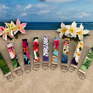 Porte-clés bracelet en tissu hawaïen : porte-clés floral tropical
