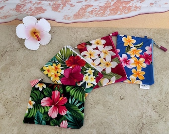 Hawaiian Fabric Zipper Pouch: Tropical Floral Small Wallet