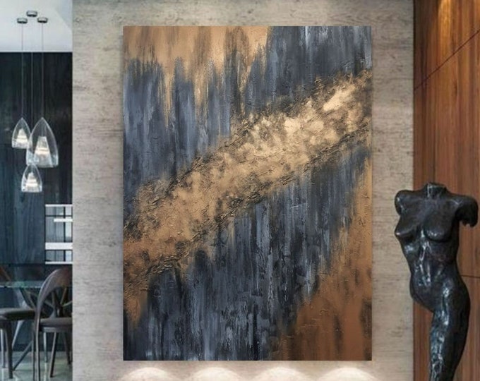 Black & Gold Abstract Art Canvas: Rich Texture, Modern Loft Style
