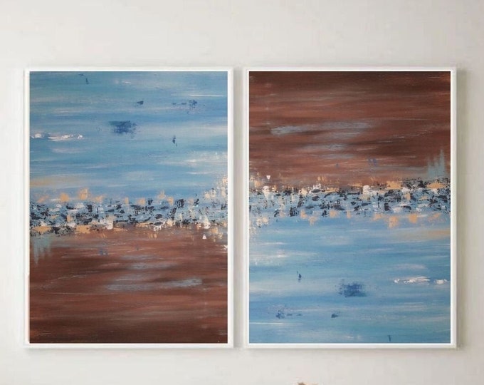 Oversized Abstract Painting Set: Blue Brown Modern Wall Art