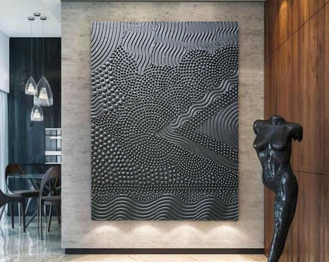 Oversize Abstract Canvas Wall Art: Black 3D Points Lines Painting