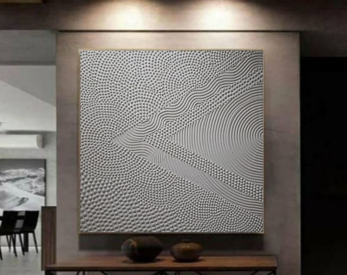 Oversized Textured Painting: 3D White Abstract Plaster Canvas Wall Art