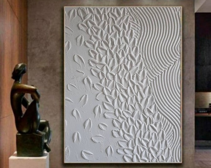 Large White Textured Abstract Wall Art, Minimalist 3D Painting, Modern Neutral Canvas, Contemporary Interior Decor