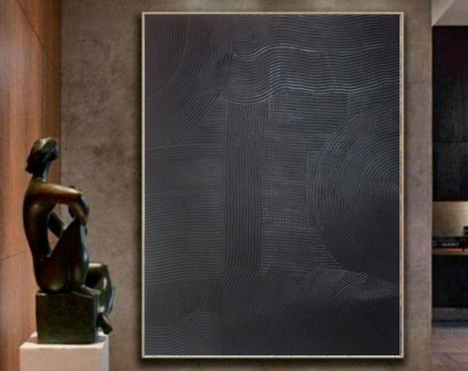 Extra Large Black Textured Wall Art Abstract 3D Plaster Painting Handmade Canvas