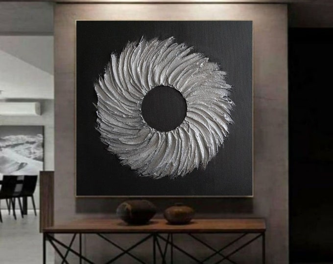 Large Silver Texture Wreath Painting: Modern Hallway Canvas Wall Art