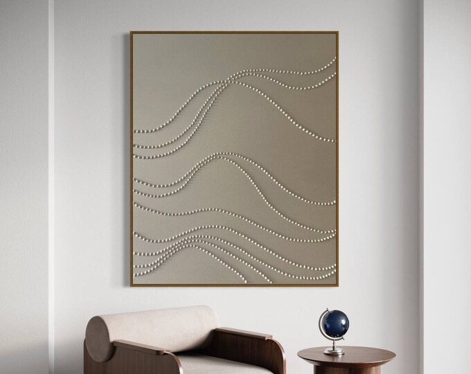 Large Textured Wall Art Oversized Golden Pearl Abstract Painting: 3D Dots Plaster Original Canvas