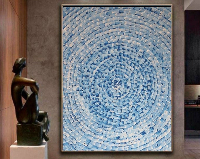 Large Blue Abstract Acrylic Painting: Modern Mosaic Canvas Wall Art