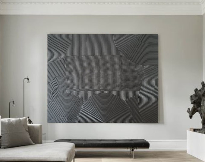 Extra Large Textured Wall Art Black Metallic Abstract Painting Oversized Modern Handmade Canvas Art