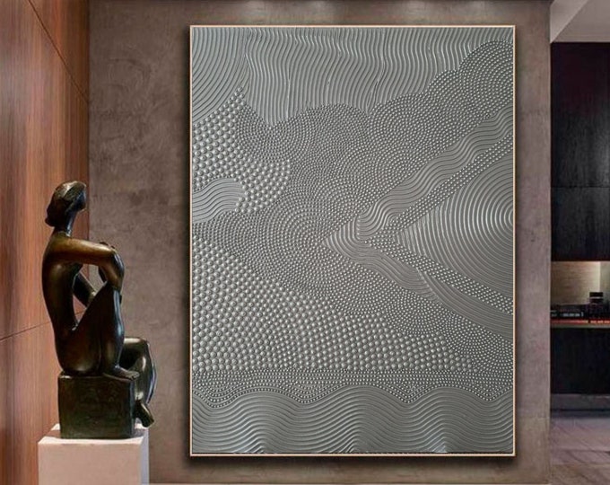 Oversized Textured Wall Art 3D Dot| Silver Abstract Metallic Painting | Handmade Canvas Modern Minimal Wall Decor | Custom Size