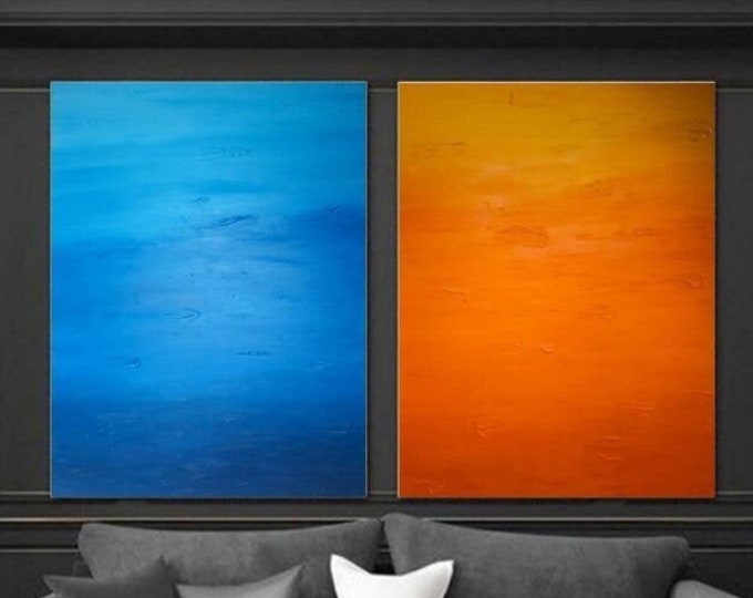 Oversize Abstract Canvas Painting Set: Blue & Orange Seascape Art