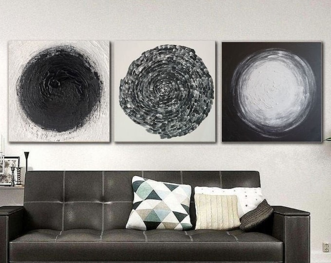 Large Painting Oversize Set 3 Black White Abstract Wall Art Modern Wall Decor Point Canvas Original Painting Circle Contemporary Art Office