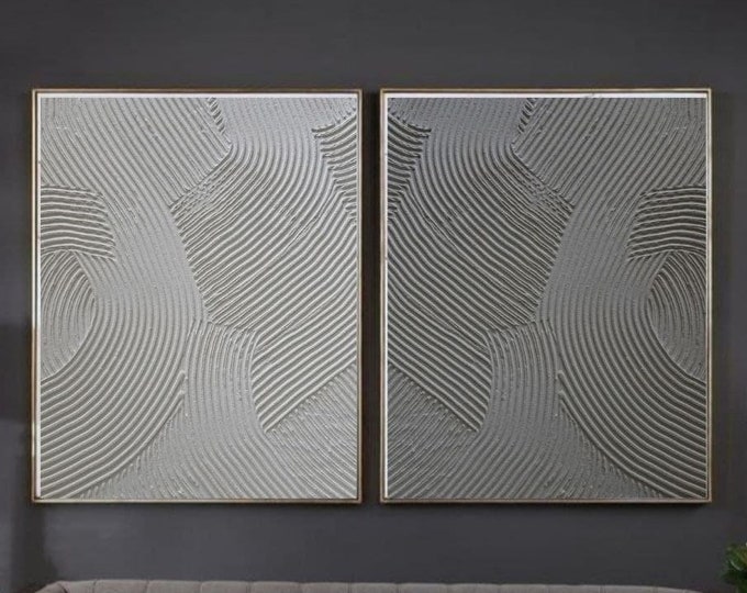 Large 3D Texture Painting Set: White & Gray Abstract Wall Art