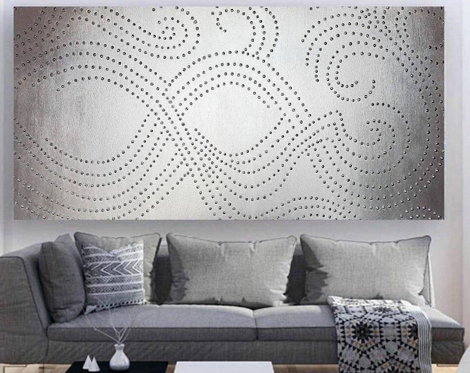Large Silver Abstract Painting: 3D Dot Textured Wall Art