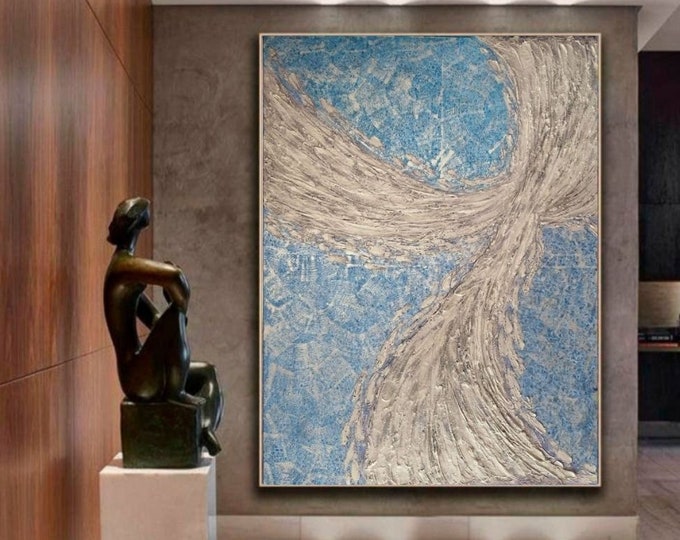 Oversize Abstract Painting: Turquoise & Champagne Gold Texture, Modern Canvas Art